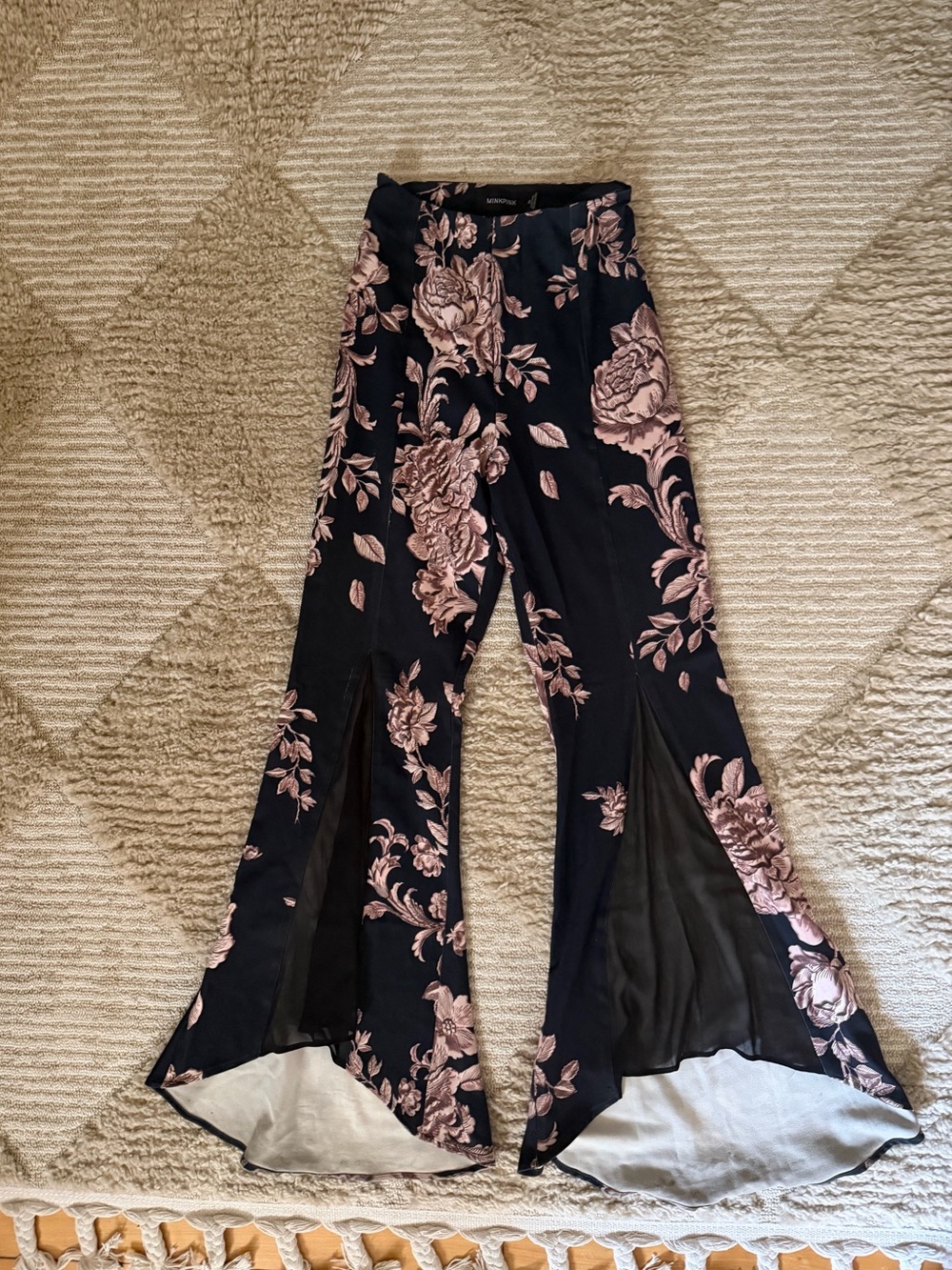 MINKPINK Black Flare Bell Bottom Pants with Blush Pink Floral Print